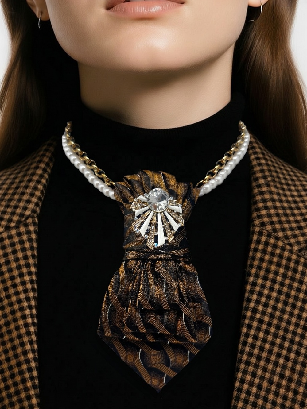CHIC CHICK UPCYCLE | Pearl Gold Chain with Bronze-Patterned Bow Tie Necklace